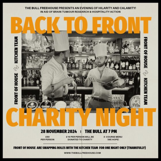 Charity event promo flyer for The Bull, Troston. Back to Front Theme.